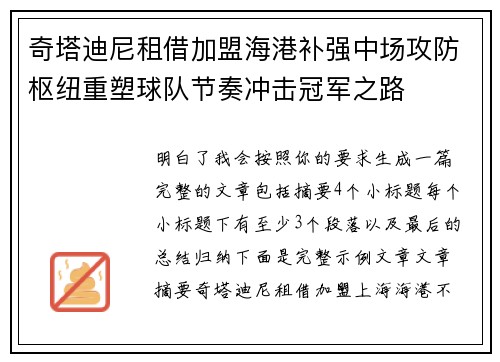 奇塔迪尼租借加盟海港补强中场攻防枢纽重塑球队节奏冲击冠军之路